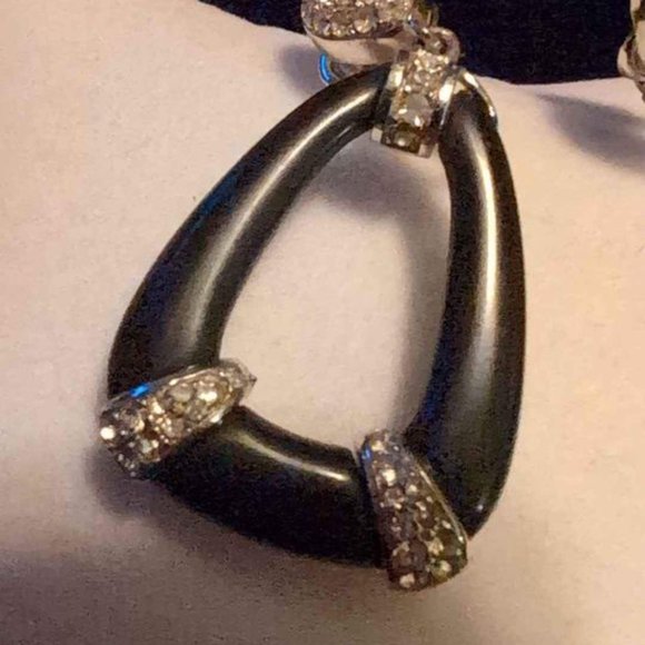 Vintage Rhinestone and Black Drop Clip Earrings - Picture 3 of 10